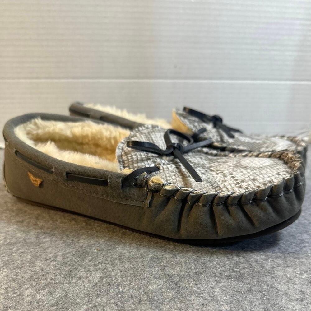 LAMO Footwear women's moccasin slippers charcoal gray suede w/printed upper NEW